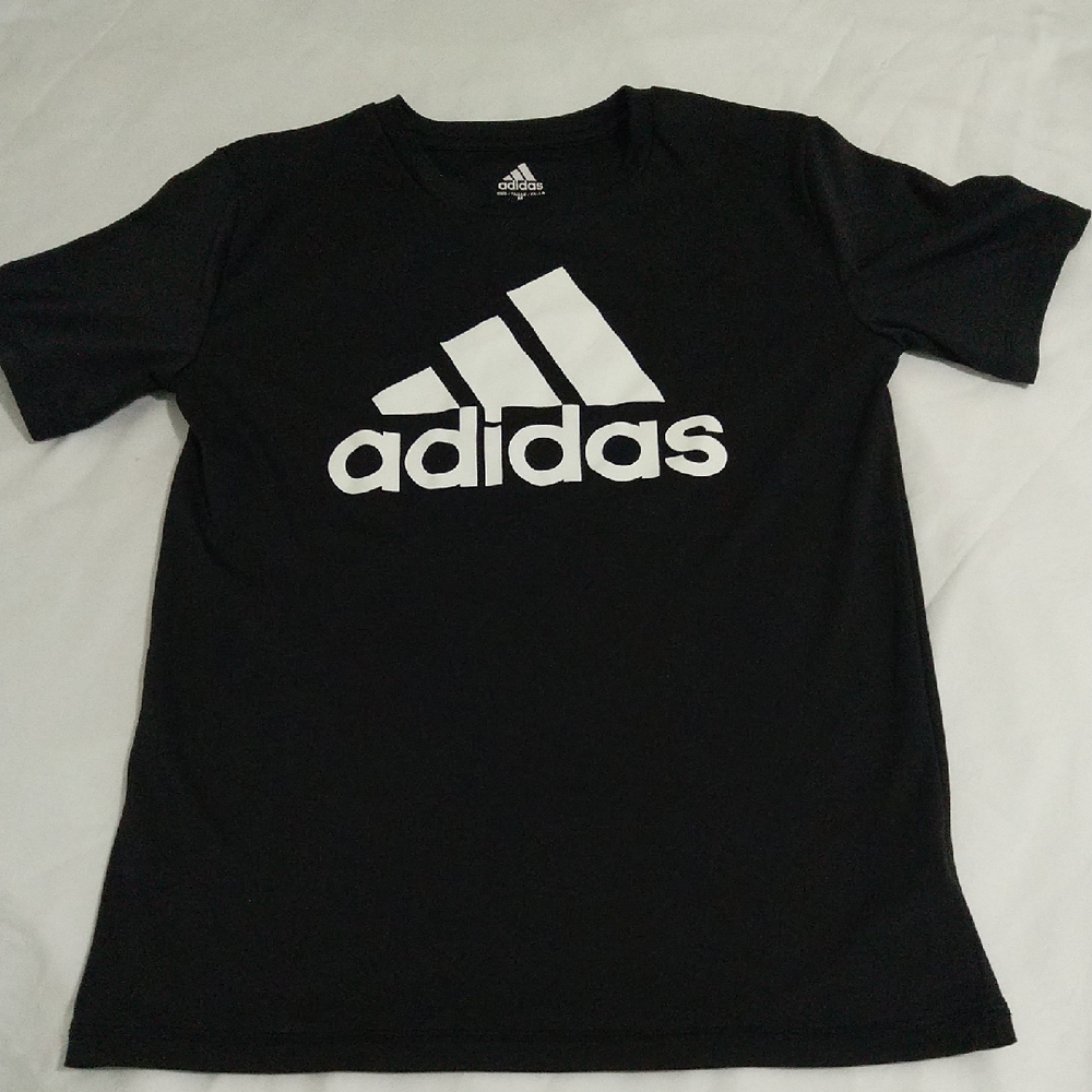 Adidas Shirt Boys Medium Black Crew Neck Athletic Pull Over Big Logo Performance